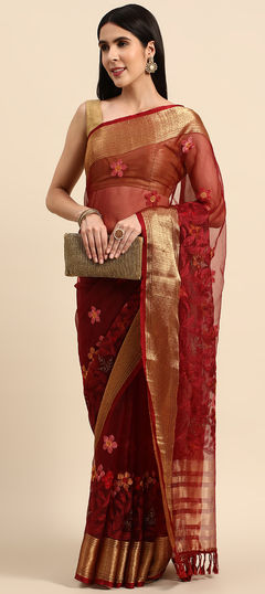 Red and Maroon color Saree in Organza Silk, Silk fabric with Border, Embroidered, Thread work