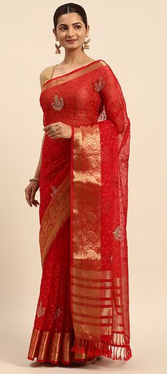 Red and Maroon color Saree in Organza Silk, Silk fabric with Border, Embroidered, Thread work