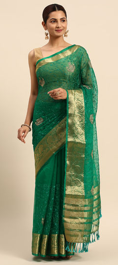 Green color Saree in Organza Silk, Silk fabric with Border, Embroidered, Thread work