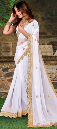 White and Off White color Saree in Georgette fabric with Embroidered, Sequence, Thread work