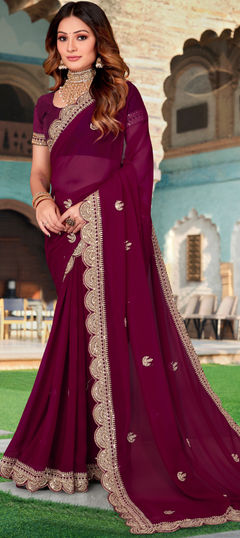 Purple and Violet color Saree in Georgette fabric with Embroidered, Sequence, Thread work