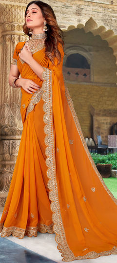 Party Wear, Reception Yellow color Saree in Georgette fabric with Classic Embroidered, Sequence, Thread work : 1882268