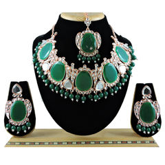 Gold Rodium Polish Green color Necklace in Metal Alloy studded with CZ Diamond, Pearl
