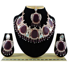 Gold Rodium Polish Red and Maroon color Necklace in Metal Alloy studded with CZ Diamond, Pearl
