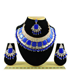 Gold and Silver Rodium Polish Blue color Necklace in Metal Alloy studded with CZ Diamond, Pearl