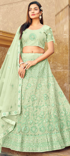 Party Wear, Reception, Wedding Green color Lehenga in Net fabric with Flared Embroidered, Mirror, Resham, Stone, Thread work : 1882431