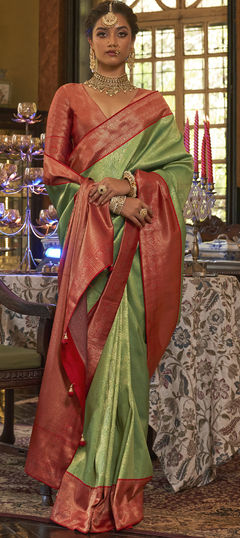 Green color Saree in Kanjeevaram Silk, Silk fabric with Weaving work