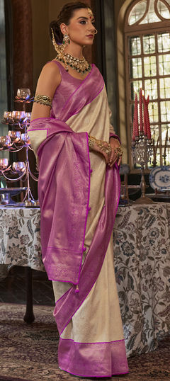 Beige and Brown color Saree in Kanjeevaram Silk, Silk fabric with Weaving work