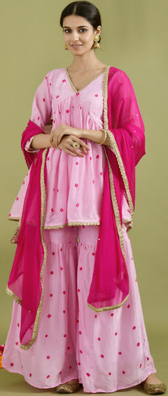 Pink and Majenta color Salwar Kameez in Silk fabric with Bandhej, Printed work