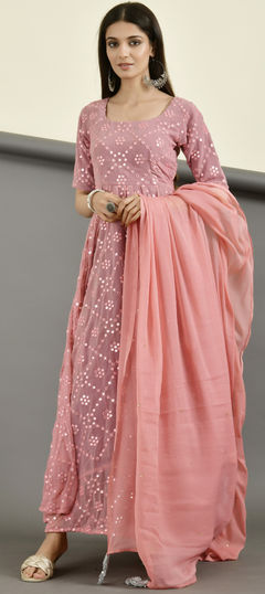 Pink and Majenta color Gown in Georgette fabric with Mirror work