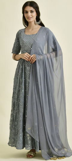 Black and Grey color Gown in Georgette fabric with Mirror work