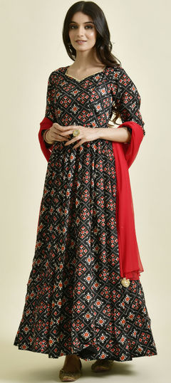 Black and Grey color Gown in Cotton fabric with Bandhej, Printed work