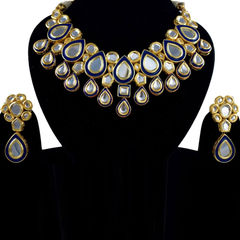 Blue color Necklace in Metal Alloy studded with Kundan & Gold Rodium Polish : 1882665