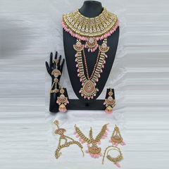 Gold Rodium Polish Pink and Majenta color Bridal Jewelry in Metal Alloy studded with CZ Diamond, Pearl