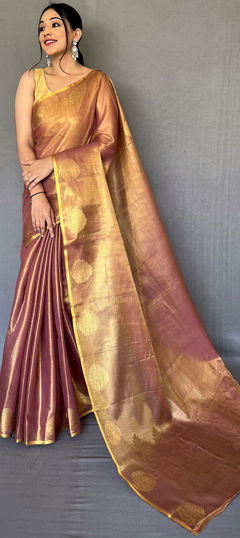 Purple and Violet color Saree in Silk, Tissue fabric with Weaving work