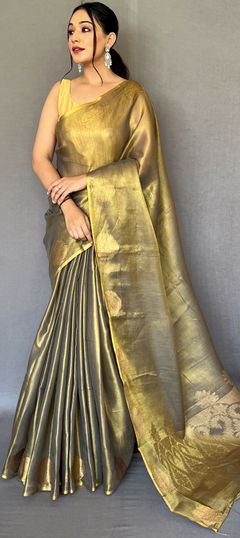 Party Wear, Traditional Black and Grey color Saree in Silk, Tissue fabric with South Weaving work : 1882914