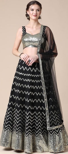 Designer, Mehendi Sangeet, Wedding Black and Grey color Lehenga in Faux Georgette fabric with Flared Embroidered, Thread work : 1882917