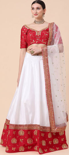 White and Off White color Lehenga in Satin Silk, Silk fabric with Embroidered, Resham, Sequence work