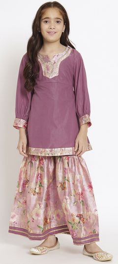 Festive, Reception, Summer Pink and Majenta, Purple and Violet color Kids Lehenga in Cotton fabric with Sharara Floral, Gota Patti, Printed work : 1882957