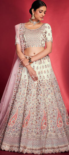 White and Off White color Lehenga in Silk fabric with Sequence, Thread, Zircon work