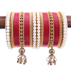 Red and Maroon color Bangles in Metal Alloy studded with Cubic Zirconia, Pearl & Gold Rodium Polish : 1883064