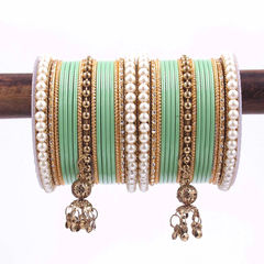 Green color Bangles in Metal Alloy studded with Cubic Zirconia, Pearl & Gold Rodium Polish : 1883065