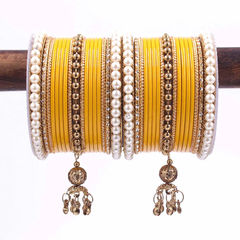 Yellow color Bangles in Metal Alloy studded with Cubic Zirconia, Pearl & Gold Rodium Polish : 1883067