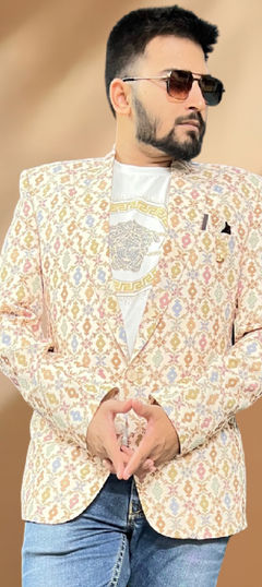 Party Wear Beige and Brown color Blazer in Cotton fabric with Printed work : 1883193