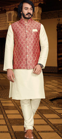 Beige and Brown color Kurta Pyjama with Jacket in Jacquard fabric with Weaving work