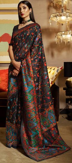 Black and Grey color Saree in Art Silk, Silk fabric with Printed work