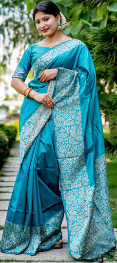 Blue color Saree in Raw Silk, Silk fabric with Weaving work