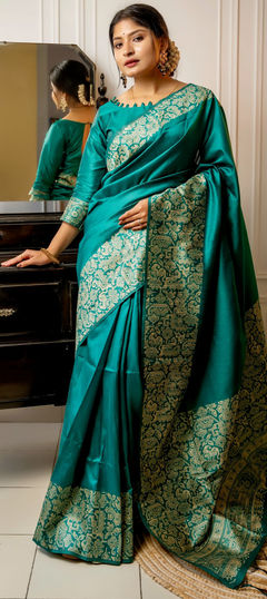 Party Wear, Traditional Blue color Saree in Raw Silk, Silk fabric with South Weaving work : 1883711