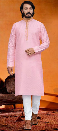Pink and Majenta color Kurta Pyjamas in Silk fabric with Lace work