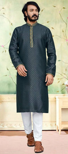 Black and Grey color Kurta Pyjamas in Silk fabric with Lace work