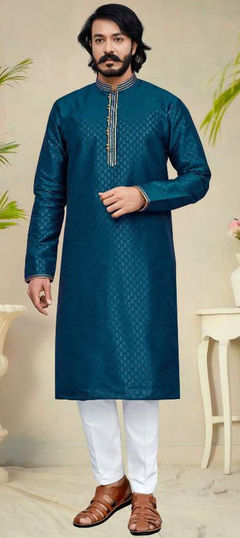 Blue color Kurta Pyjamas in Silk fabric with Lace work