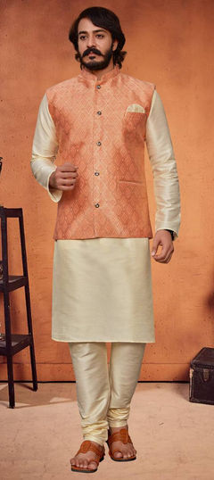 Beige and Brown color Kurta Pyjama with Jacket in Silk fabric with Weaving work