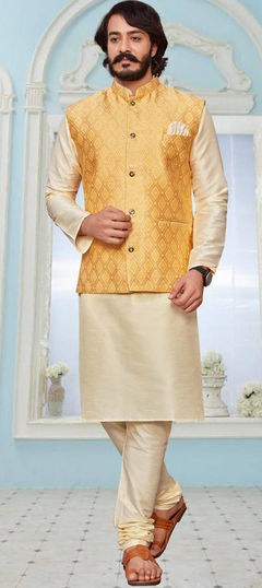 Beige and Brown color Kurta Pyjama with Jacket in Silk fabric with Weaving work