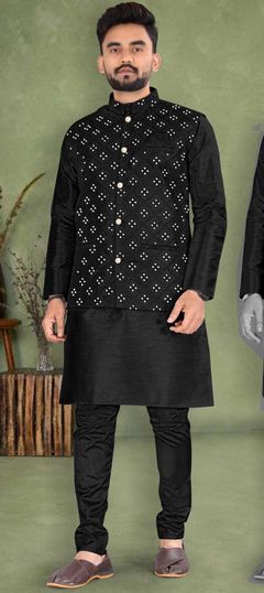 Black and Grey color Kurta Pyjama with Jacket in Bangalore Silk fabric with Mirror, Thread work