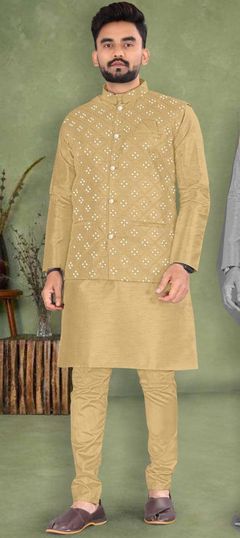 Beige and Brown color Kurta Pyjama with Jacket in Bangalore Silk fabric with Mirror, Thread work