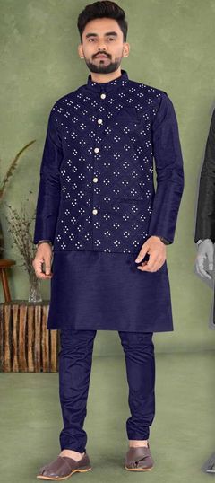 Blue color Kurta Pyjama with Jacket in Bangalore Silk fabric with Mirror, Thread work