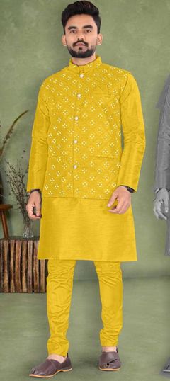 Yellow color Kurta Pyjama with Jacket in Bangalore Silk fabric with Mirror, Thread work