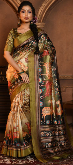 Party Wear, Traditional Multicolor color Saree in Silk, Tussar Silk fabric with South Printed, Weaving work : 1883957