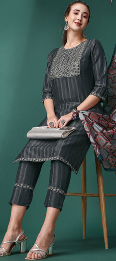 Black and Grey color Salwar Kameez in Rayon fabric with Embroidered, Sequence work