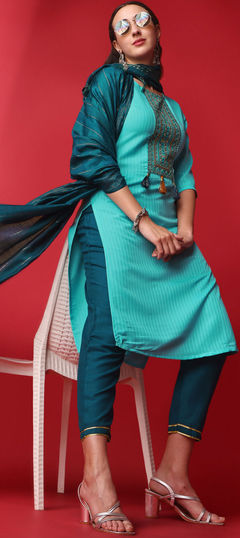 Blue color Salwar Kameez in Rayon fabric with Embroidered, Sequence work