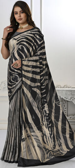 Black and Grey color Saree in Crepe Silk, Silk fabric with Digital Print work