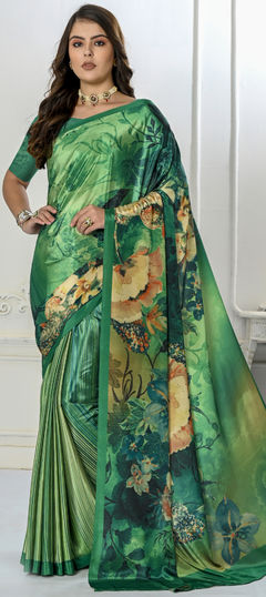 Green color Saree in Crepe Silk, Silk fabric with Digital Print work