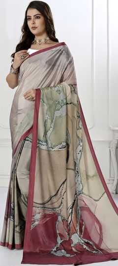 Black and Grey color Saree in Crepe Silk, Silk fabric with Digital Print work