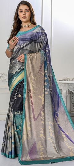 Black and Grey color Saree in Crepe Silk, Silk fabric with Digital Print work