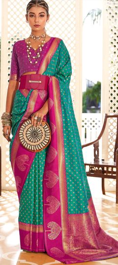 Green color Saree in Banarasi Silk, Silk fabric with Weaving work