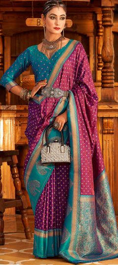 Purple and Violet color Saree in Banarasi Silk, Silk fabric with Weaving work